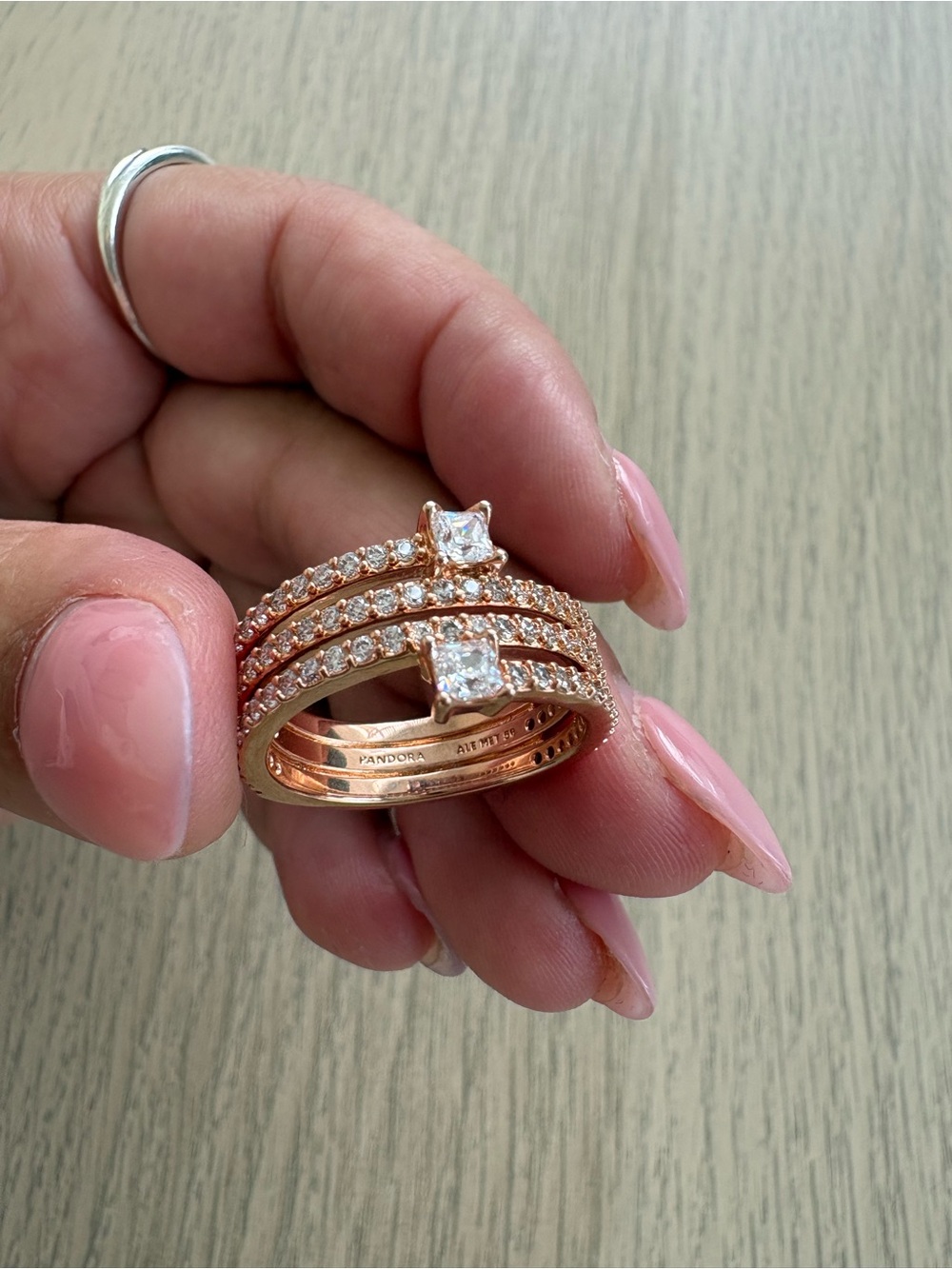 Pandora 14K Rose Gold-Plated Triple Spiral Ring With Cubic Zirconia Size 56